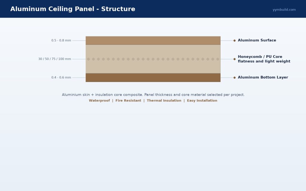 Ceiling panel structure: aluminum surface, insulation core and bottom layer