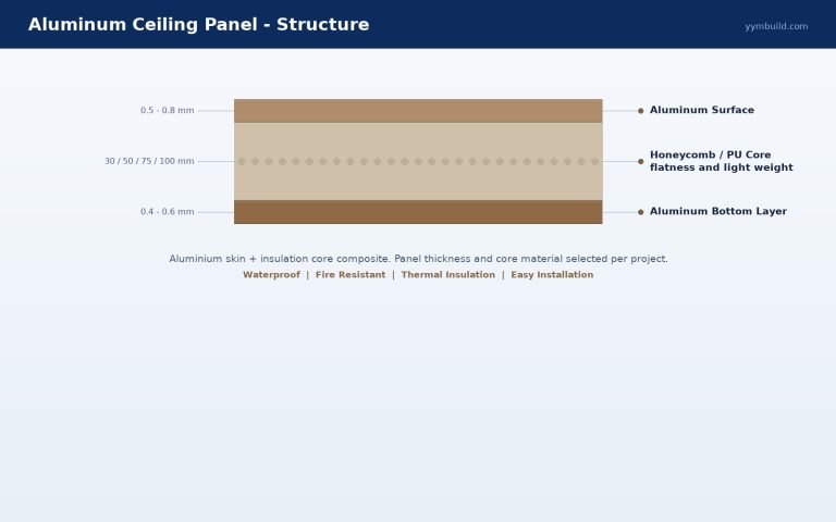 Ceiling panel structure: aluminum surface, insulation core and bottom layer