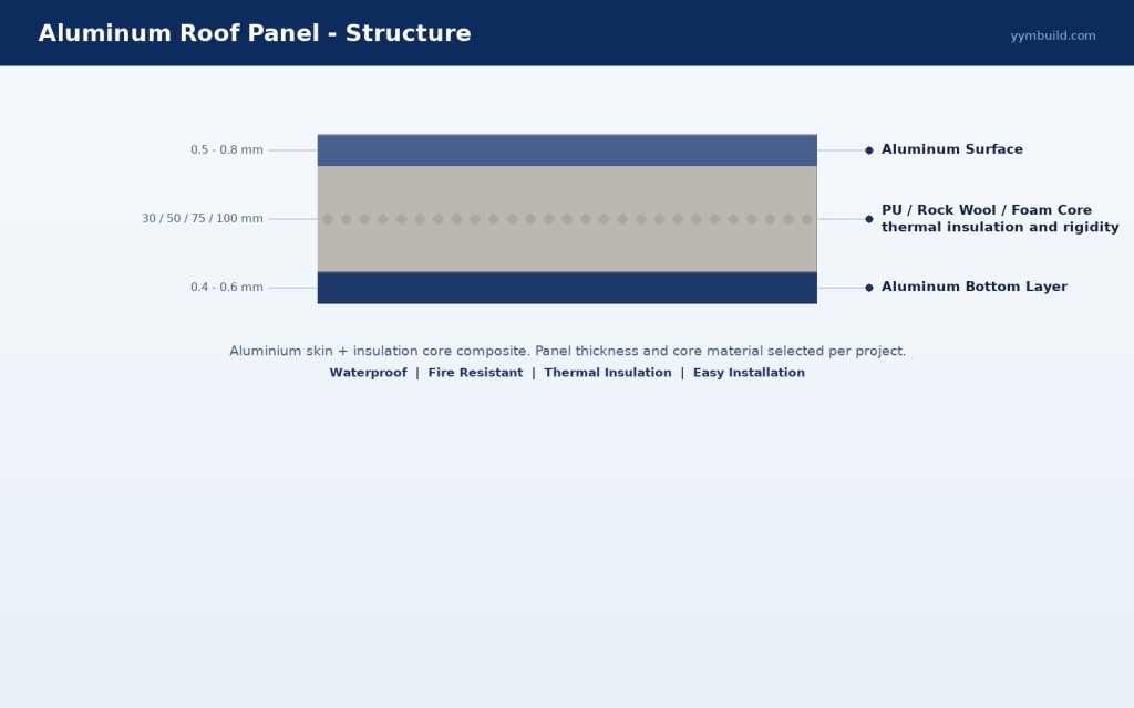 Roof panel structure: aluminum surface, insulation core and bottom layer