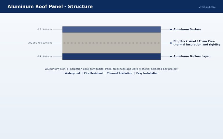 Roof panel structure: aluminum surface, insulation core and bottom layer